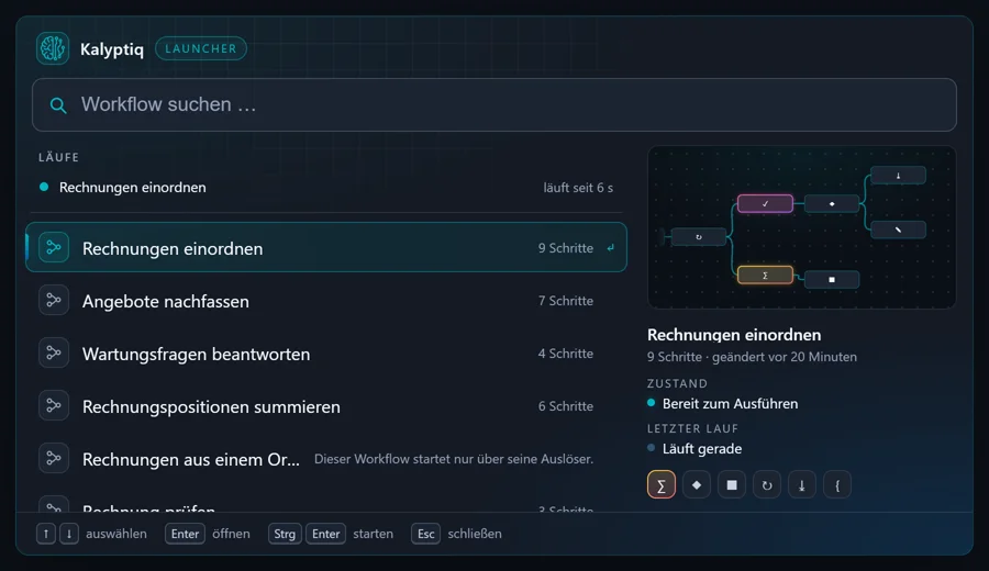 Der Launcher von kalyptiq: oben ein laufender Workflow, darunter die Liste der Workflows. „Rechnungen einordnen“ ist ausgewählt, rechts zeigt eine kleine Karte seine Schritte und den Stand des Laufs.